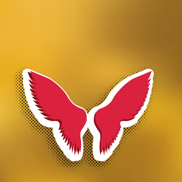 Illustration des ailes. Vecteur. icône Magenta avec ombre plus sombre, autocollant blanc et ombre de popart noir sur fond doré
. - Vecteur, image