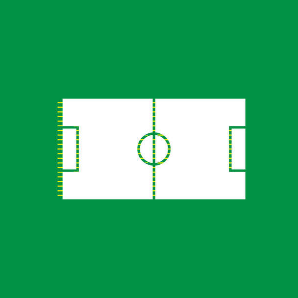 Fußballplatz. Vektor. weißes flaches Symbol mit gelb gestreiftem Schatten auf grünem Hintergrund. - Vektor, Bild