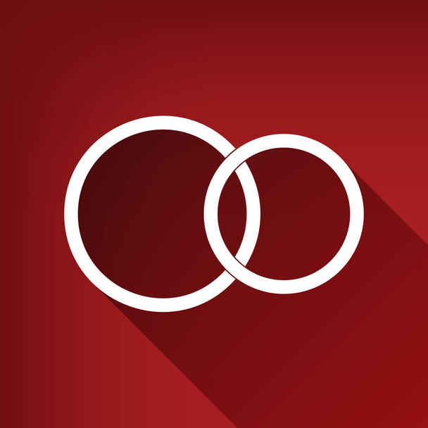 Wedding rings sign. Vector. White icon with limitless shadow at ruby red background. - Vector, Image