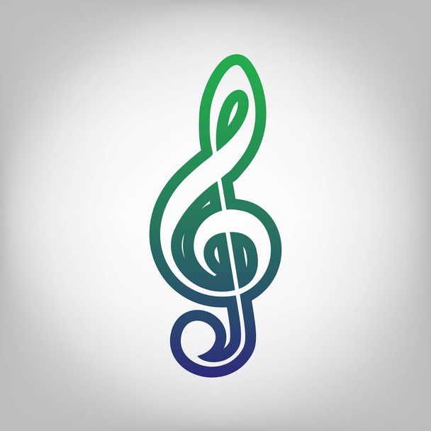 Music violin clef sign. G-clef. Treble clef. Vector. Green to blue gradient contour icon at grayish background with light in center. - Вектор, зображення