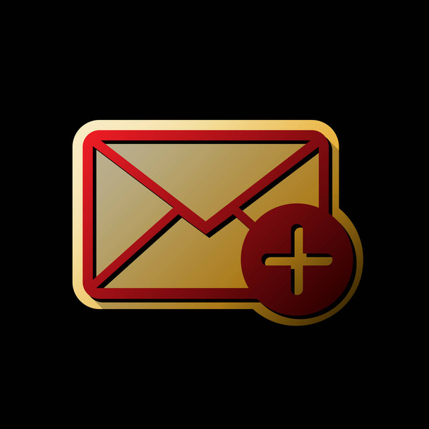 Mail sign illustration with add mark. Vector. Red icon with small black and limitless shadows at golden sticker on black background. - Vector, Image