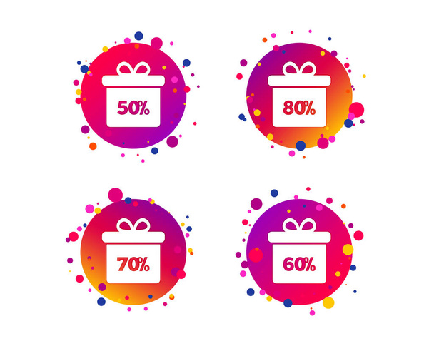 Sale gift box tag icons. Discount special offer symbols. 50%, 60%, 70% and 80% percent discount signs. Gradient circle buttons with icons. Random dots design. Vector - Vector, imagen