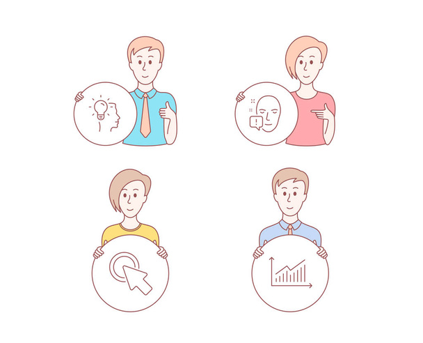 People hand drawn style. Set of Idea, Click here and Face attention icons. Graph sign. Professional job, Push button, Exclamation mark. Presentation diagram.  Character hold circle button. Vector - Vector, Image