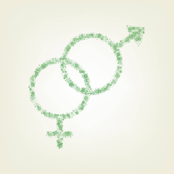 Σημάδι σύμβολο του σεξ. Διάνυσμα. Πράσινο εξάγωνο rastered εικονίδιο και θόρυβο αδιαφάνεια και μέγεθος στο ανοιχτό πράσινο φόντο με κεντρικό φως. - Διάνυσμα, εικόνα