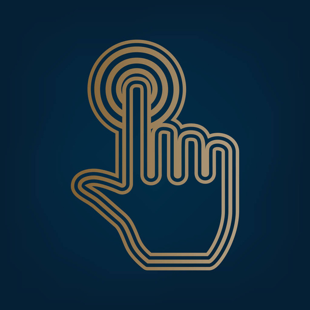 Hand click on button. Vector. Golden icon and border at dark cyan background. - Vector, Image
