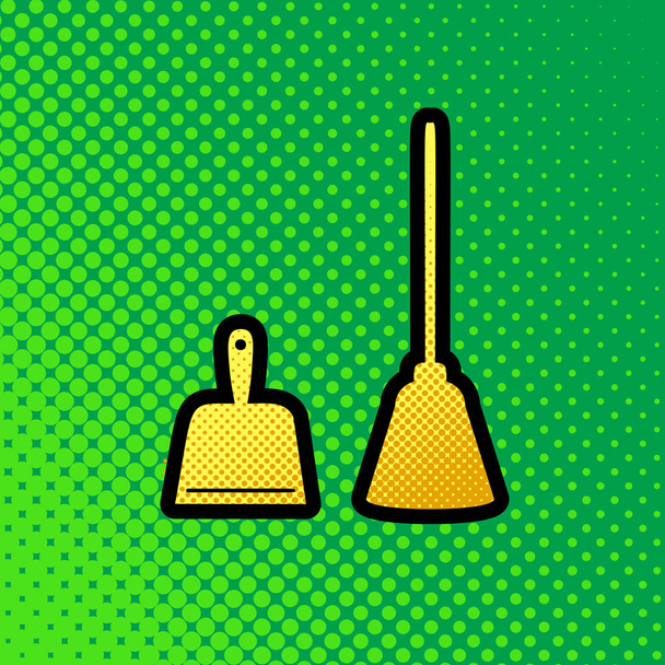 Dustpan sign. Scoop for cleaning garbage housework dustpan equipment. Vector. Pop art orange to yellow dots-gradient icon with black contour at greenish background. - Vector, Image