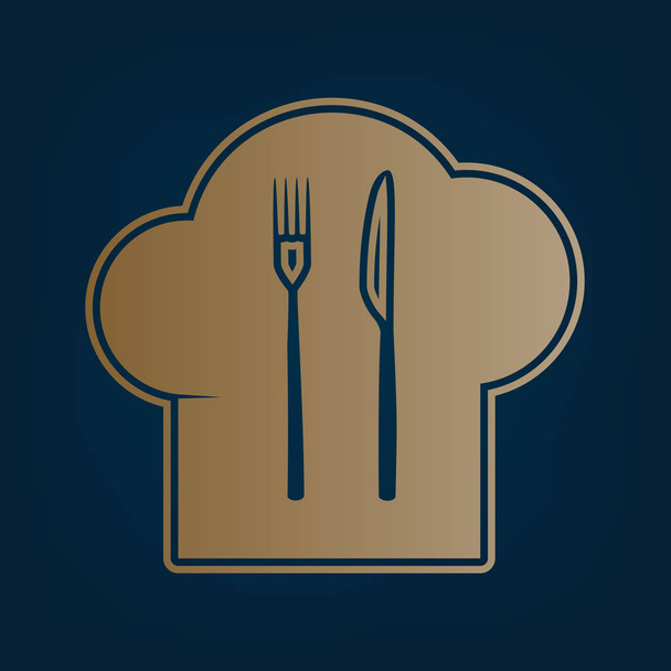 Chef hat and spoon, fork, knife sign. Vector. Golden icon and border at dark cyan background. - Vector, Image
