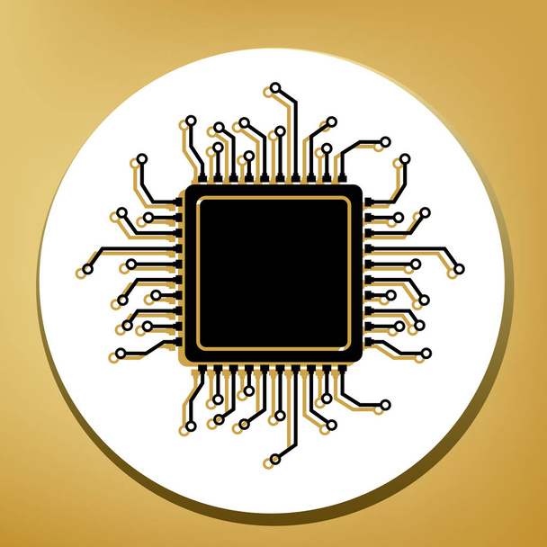 Illustration du microprocesseur CPU. Vecteur. Icône noire avec ombre marron clair en cercle blanc avec anneau en forme de fond doré
. - Vecteur, image