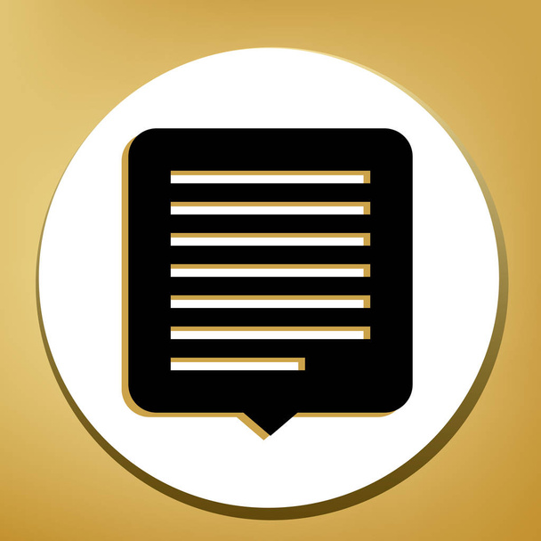 Illustration für SMS-Zeichen. Vektor. schwarzes Symbol mit hellbraunem Schatten in weißem Kreis mit geformtem Ring auf goldenem Hintergrund. - Vektor, Bild