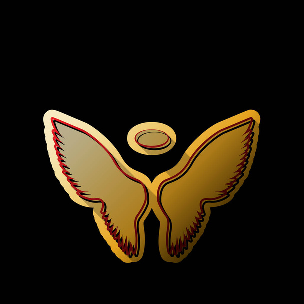 Wings sign illustration. Vector. Red icon with small black and limitless shadows at golden sticker on black background. - Vector, Image