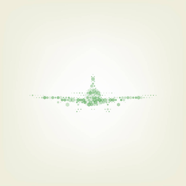 Uçan uçak işareti. Önden görünüm. Vektör. Yeşil altıgen rastered simge ve noised opaklık ve boyut olarak merkezi ışık ile açık yeşil renkli. - Vektör, Görsel