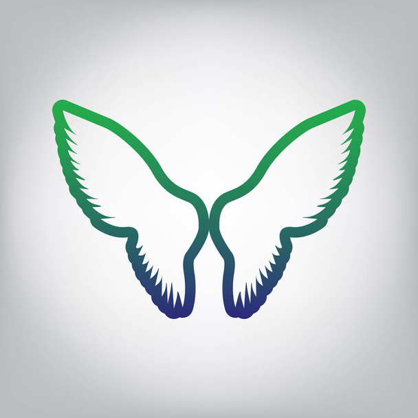 Flügel signalisieren Illustration. Vektor. grüne bis blaue Gradienten-Kontursymbole auf grauem Hintergrund mit Licht in der Mitte. - Vektor, Bild