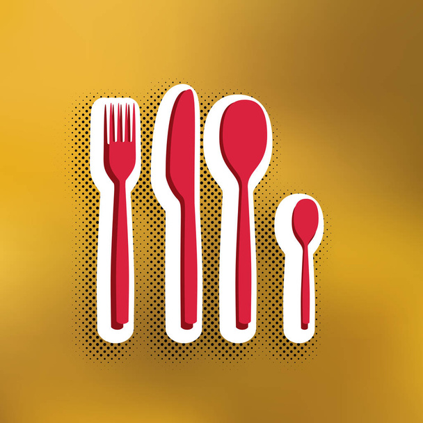 Fork spoon and knife sign. Vector. Magenta icon with darker shadow, white sticker and black popart shadow on golden background. - Vector, Image