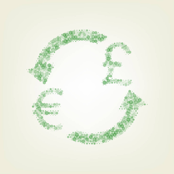 Znak wymiany waluty. Euro oraz Funt Wielkiej Brytanii. Wektor. Zielone sześciokąt ikonę zrastrowany i rozeszła krycie i rozmiar o jasnozielonym tłem z centralnego światła. - Wektor, obraz