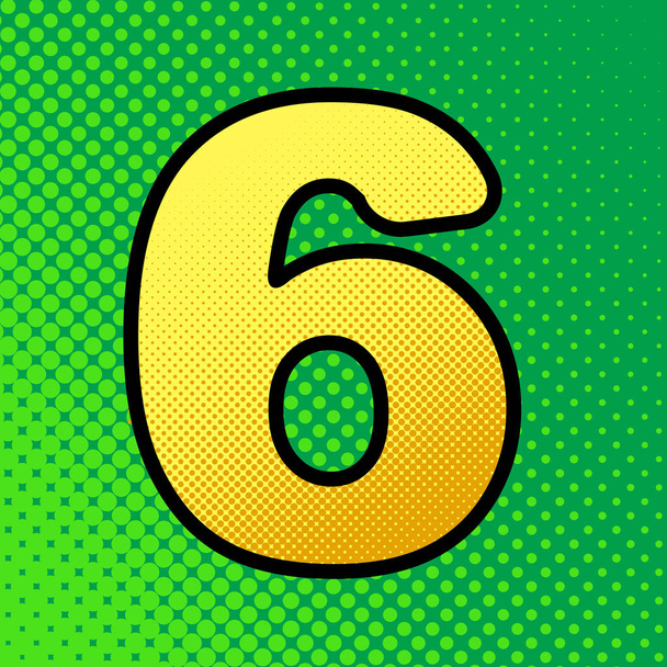 Number 6 sign design template element. Vector. Pop art orange to yellow dots-gradient icon with black contour at greenish background. - Vector, Image