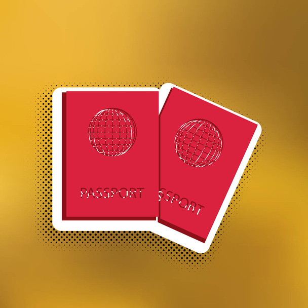İki pasaport illüstrasyon işareti. Vektör. Altın arka plan üzerinde siyah popart gölge koyu gölge, beyaz etiket ile kırmızı simge. - Vektör, Görsel