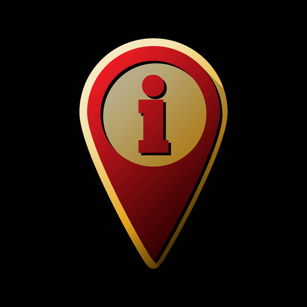 Map pointer with information sign. Vector. Red icon with small black and limitless shadows at golden sticker on black background. - Vector, Image
