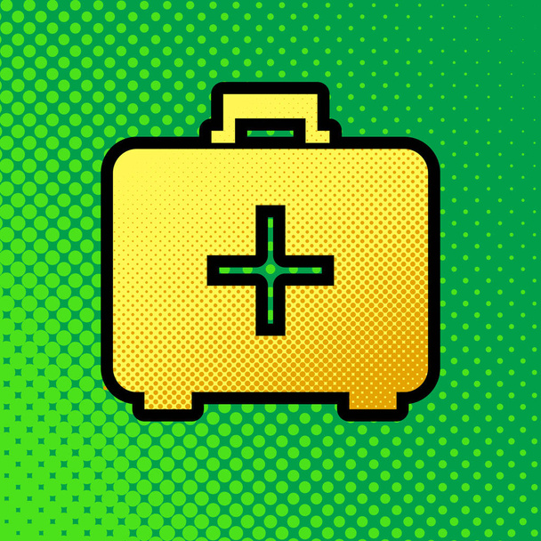 Medical First aid box sign. Vector. Pop art orange to yellow dots-gradient icon with black contour at greenish background. - Vector, Image