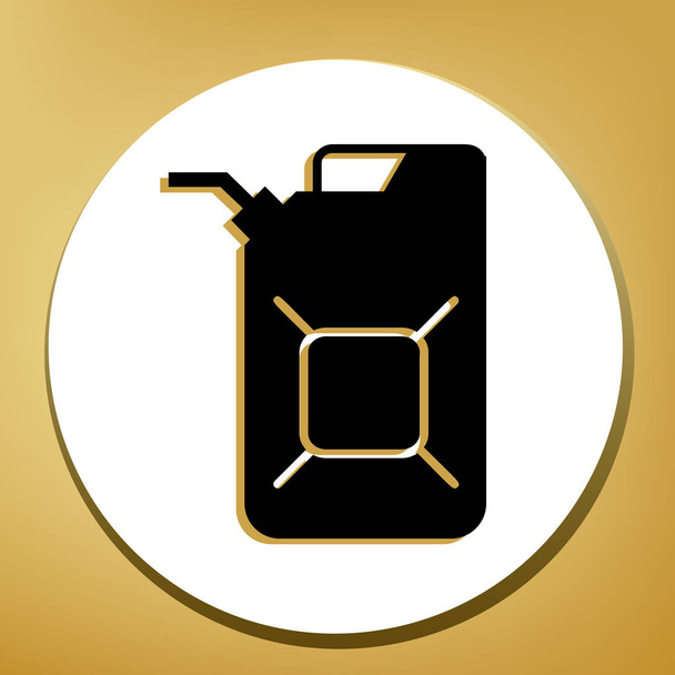 Jerrycan oil sign. Jerry can oil sign. Vector. Black icon with light brown shadow in white circle with shaped ring at golden background. - Vector, Image