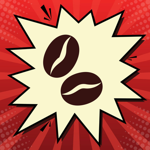 Coffee beans sign. Vector. Dark red icon in lemon chiffon shutter bubble at red popart background with rays. - Vector, Image