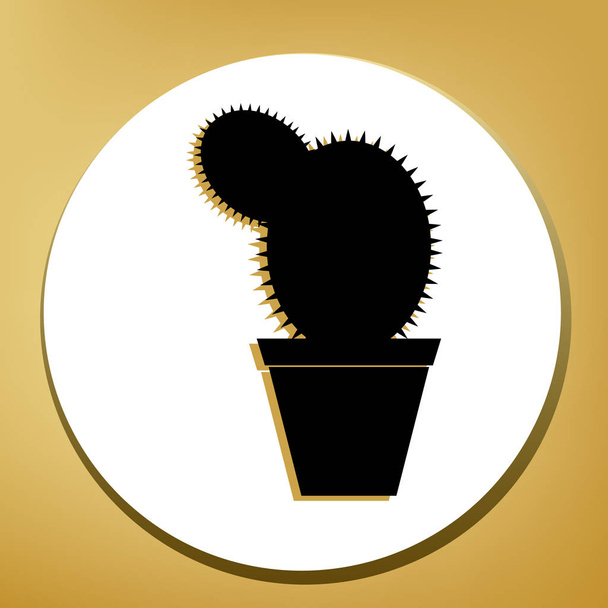 Cactus sign illustration. Vector. Black icon with light brown shadow in white circle with shaped ring at golden background. - Vector, Image
