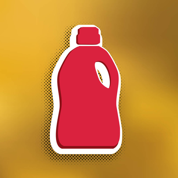 Plastic bottle for cleaning. Vector. Magenta icon with darker shadow, white sticker and black popart shadow on golden background. - Vector, Image