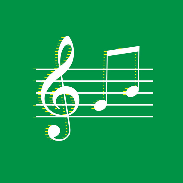 Señal de clave de violín musical. G-clave y notas G, H. Vector. Icono plano blanco con sombra de rayas amarillas en fondo verde
. - Vector, Imagen