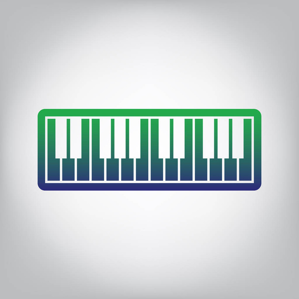 Piano toetsenbord teken. Vector. Groen naar blauw kleurverloop contour pictogram grijsachtig achtergrond met licht in centrum. - Vector, afbeelding