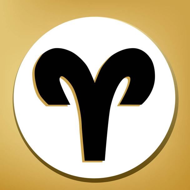 Aries sign illustration. Vector. Black icon with light brown shadow in white circle with shaped ring at golden background. - Vector, Image