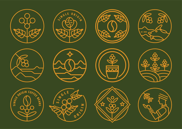 Premium jednego pochodzenia linii odznaka projekt zestaw ilustracji wektorowych z owoców kawy, liść, rolnik i Puchar. - Wektor, obraz