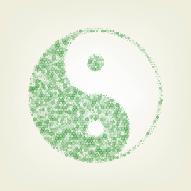 Ying yang symbole d'harmonie et d'équilibre. Vecteur. Icône hexagonale craquelée verte et opacité et taille bruyantes à fond vert clair avec lumière centrale
. - Vecteur, image
