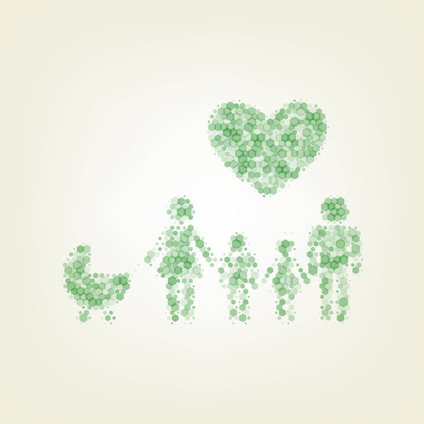 Signe de famille avec cœur. Mari et femme sont gardés la main des enfants. Vecteur. Icône hexagonale craquelée verte et opacité et taille bruyantes à fond vert clair avec lumière centrale
. - Vecteur, image