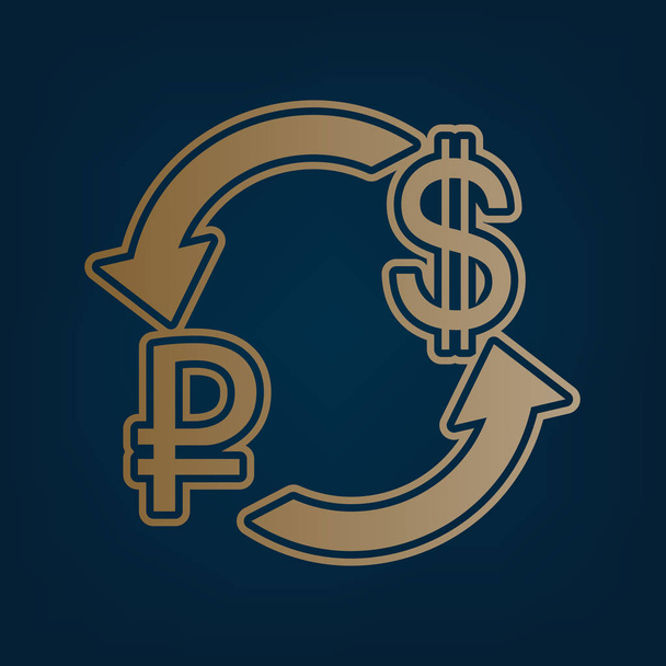 Currency exchange sign. Ruble and US Dollar. Vector. Golden icon and border at dark cyan background. - Vector, Image