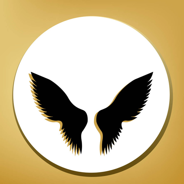 Wings sign illustration. Vector. Black icon with light brown shadow in white circle with shaped ring at golden background. - Vector, Image