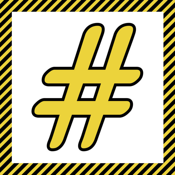 Ilustración de signo de hashtag. Vector. Icono amarillo cálido con contorno negro en el marco nombrado como en construcción en el fondo blanco. Aislado
. - Vector, imagen