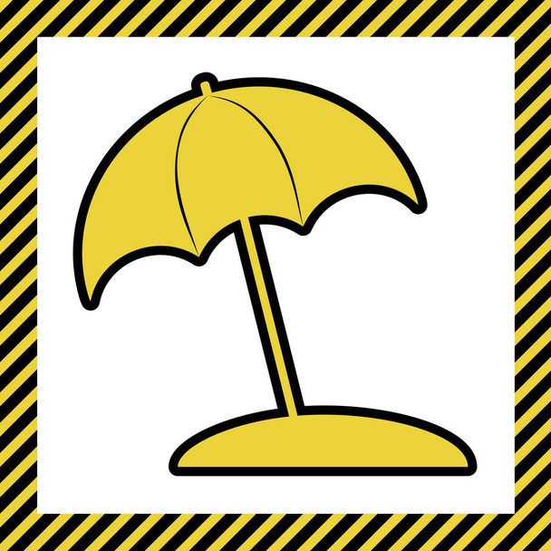 Parapluie et chaise longue signe. Vecteur. Icône jaune chaud avec contour noir dans le cadre nommé comme en construction à fond blanc. Isolé
. - Vecteur, image