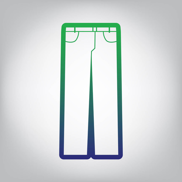 Men's jeans or pants sign. Vector. Green to blue gradient contour icon at grayish background with light in center. - Vector, Image