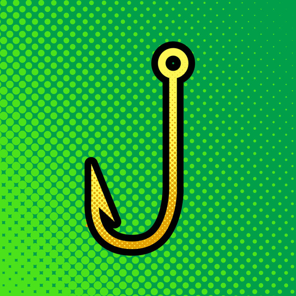 Illustration du panneau Fishing Hook. Vecteur. Pop art icône en dégradé de points orange à jaune avec contour noir sur fond verdâtre
. - Vecteur, image