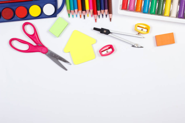 School and office accessories on white background, copy space for text or inscription - 写真・画像