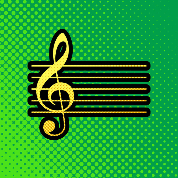 Music violin clef sign. G-clef. Vector. Pop art orange to yellow dots-gradient icon with black contour at greenish background. - Vector, Image