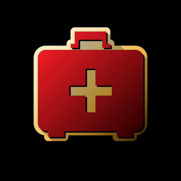 Medical First aid box sign. Vector. Red icon with small black and limitless shadows at golden sticker on black background. - Vector, Image
