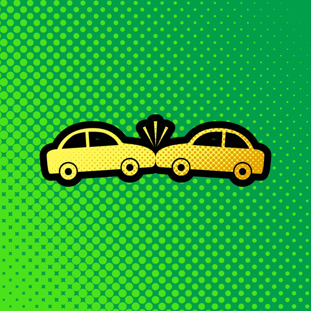 Unfallwagen beschildern. Vektor. Pop Art orange bis gelbe Punkte-Gradienten-Ikone mit schwarzer Kontur auf grünlichem Hintergrund. - Vektor, Bild