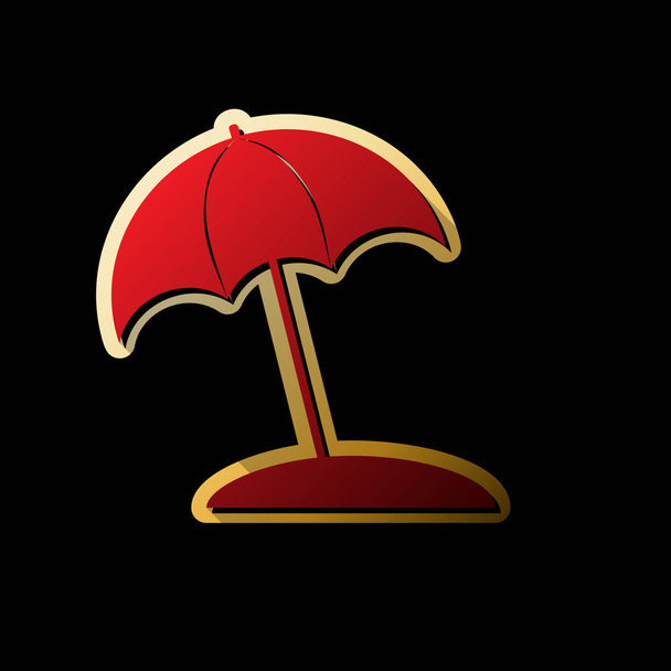 Ligstoel-teken, paraplu en zon. Vector. Rode pictogram met kleine zwarte en onbegrensde schaduwen op gouden sticker op zwarte achtergrond. - Vector, afbeelding