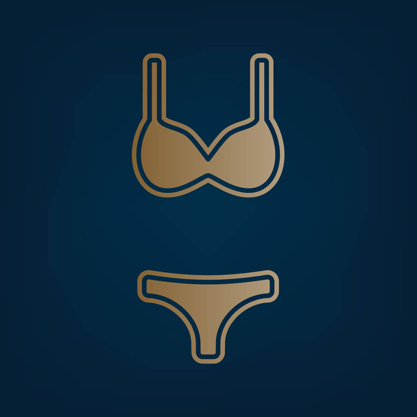 Women swimsuit sign. Vector. Golden icon and border at dark cyan background. - Vector, Image