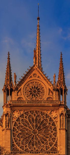Dettagli della facciata meridionale della cattedrale di Notre Dame de Paris con rosone e guglie ornate colorate dalla calda luce del tramonto
 - Foto, immagini