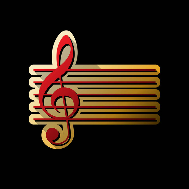Music violin clef sign. G-clef. Vector. Red icon with small black and limitless shadows at golden sticker on black background. - Vector, Image