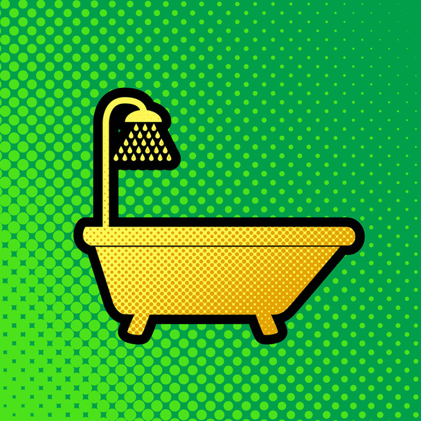 Badewannenschild. Vektor. Pop Art orange bis gelbe Punkte-Gradienten-Ikone mit schwarzer Kontur auf grünlichem Hintergrund. - Vektor, Bild