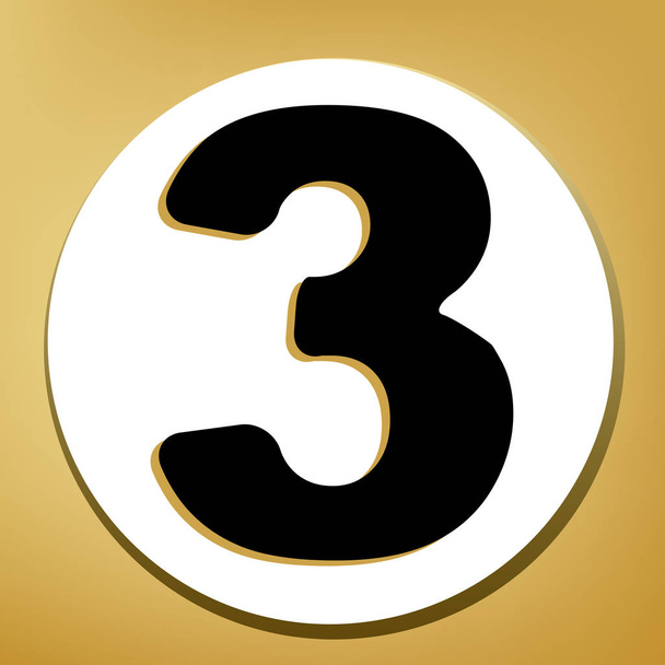 Number 3 sign design template element. Vector. Black icon with light brown shadow in white circle with shaped ring at golden background. - Vector, Image