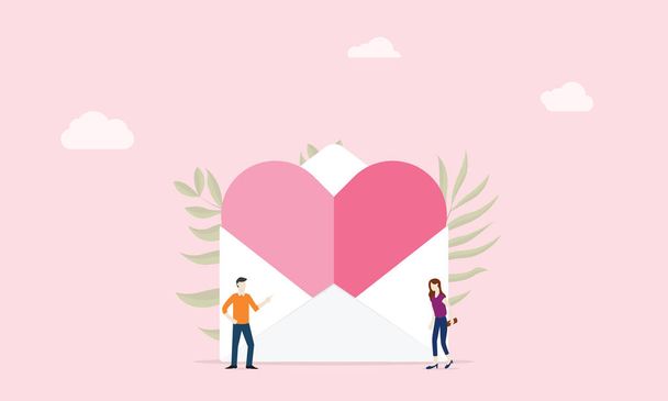 love letter with big heat pink and envelope with people couple - vector illustration - Vector, Image