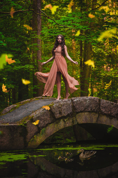 Таинственная красотка в длинном платье на ветру. Листья в лесу падают. Фон деревьев. Фото искусства
 - Фото, изображение